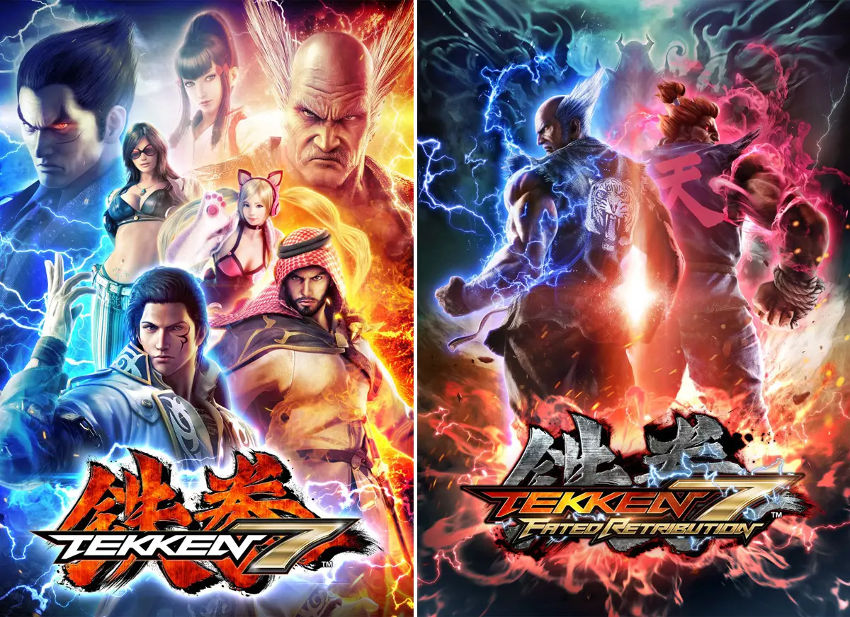 《鐵拳》玩家必讀的回顧系列：《鐵拳 7》的大型電玩主視覺圖，右邊為升級版「命定報應」版本