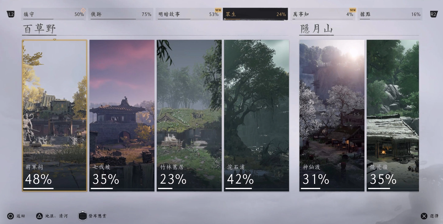 選單內的「武林錄」，清河地區的「眾生」項目，個地區眾生會以百分比呈現