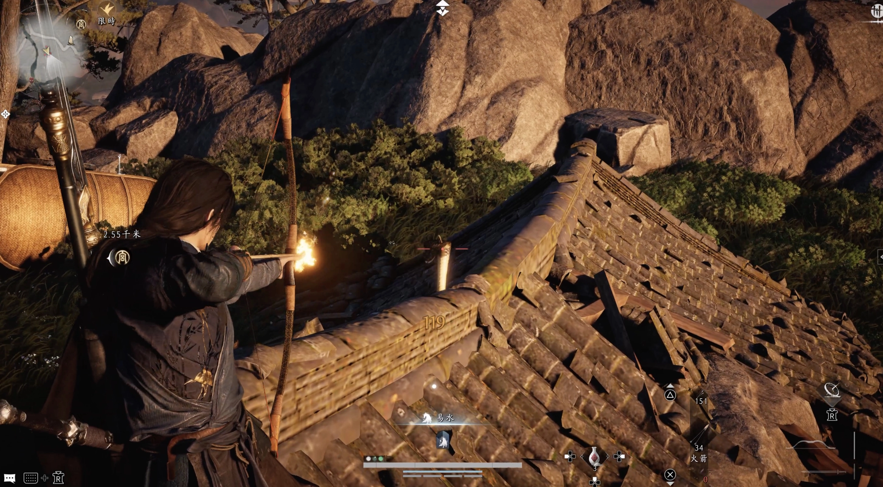 站在屋頂上，一方面避免被紅色的小蛇給攻擊中毒，另外也可以慢慢用弓箭來打倒蛇王即可