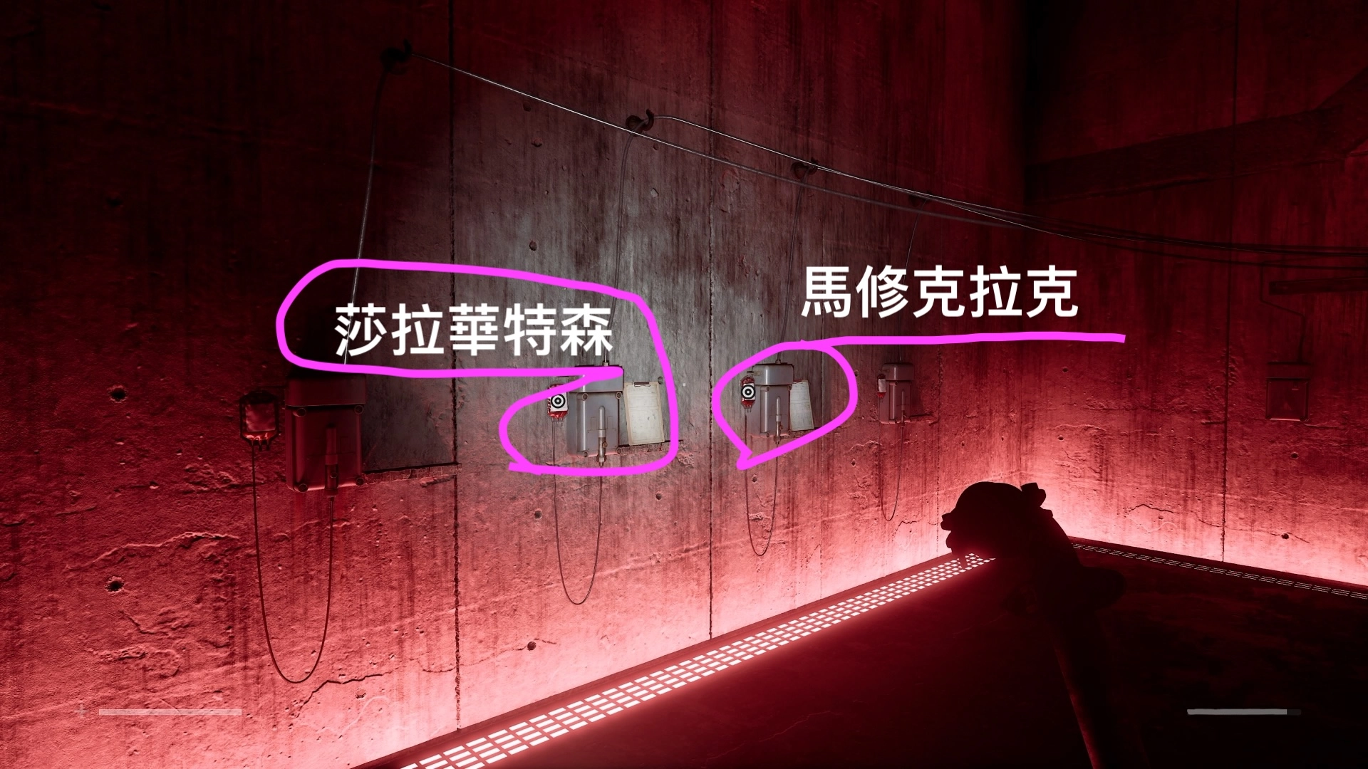 面對輸血機器,左側牆上的第二與第三位置,分別要放「莎拉・華特森」和「馬修・克拉克」的血袋